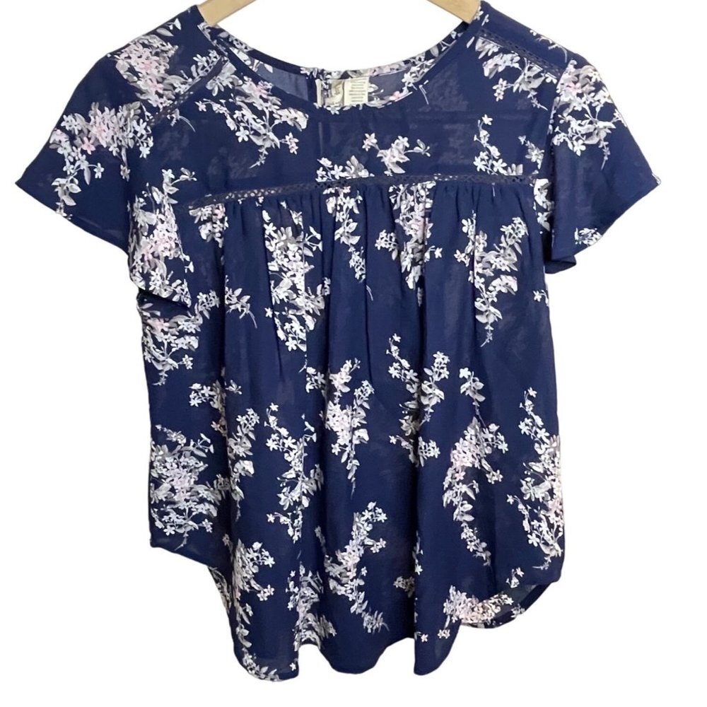 Japna Blue Floral Lightweight Boho Cottagecore Flutter Sleeve Blouse Sz M